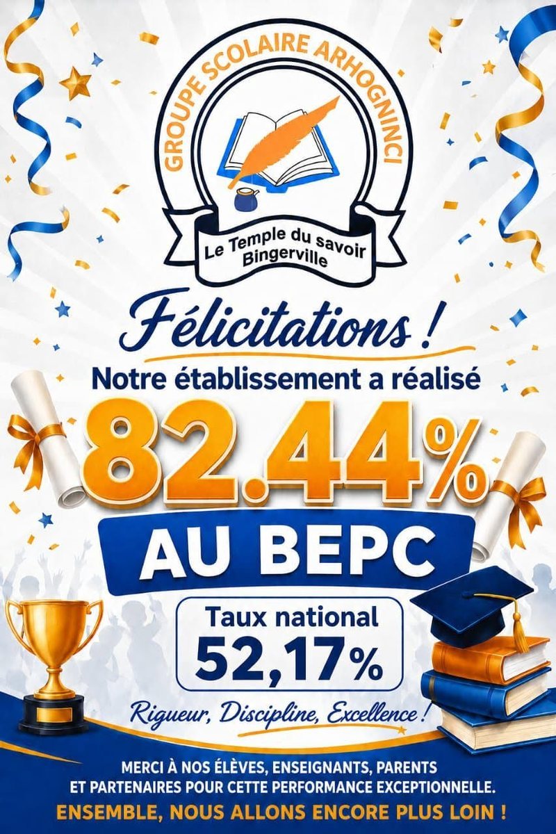 Affiche officielle : 82,44 % de réussite au BEPC 2026, contre 52,17 % au niveau national